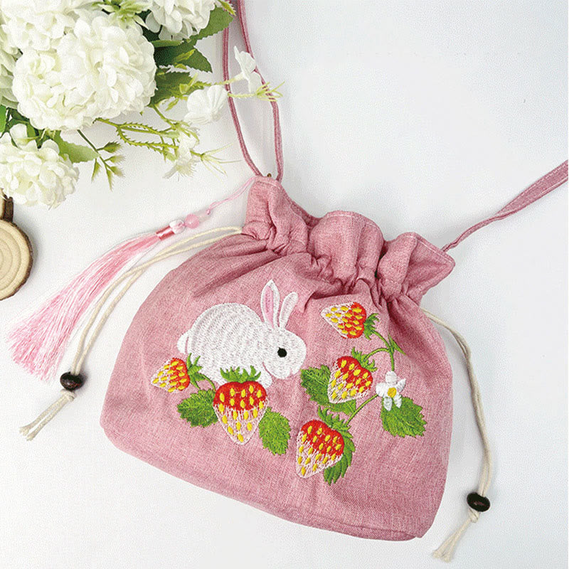 Sac de yoga en coton et lin rose fraise lapin avec bandoulière réglable