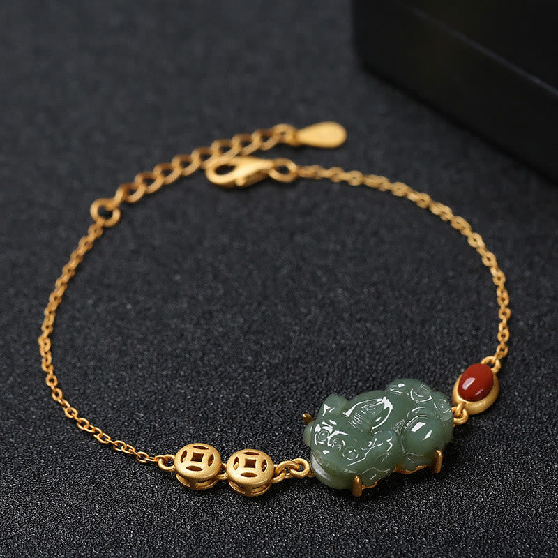 Bracelet Pixiu en jade cyan et agate rouge pour la réussite