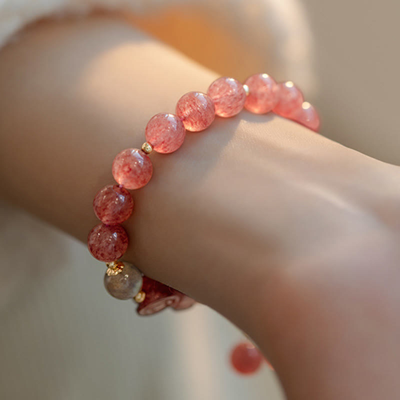 Bracelet Pixiu avec perles de 8,5 mm en quartz fraise et pierre de lune pour l'amour