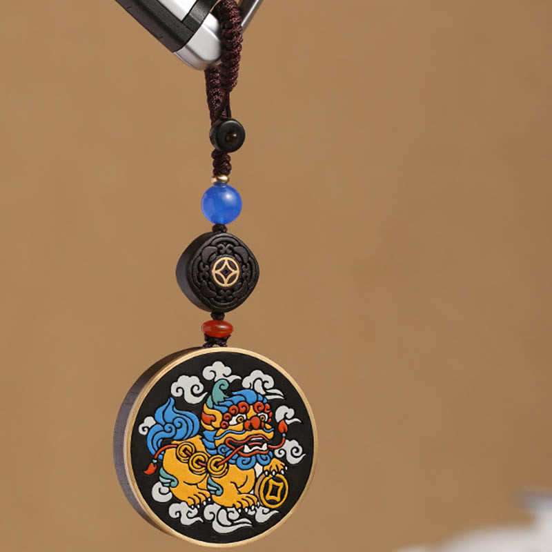 Porte-clés porte-bonheur en bois d'ébène et pièce de cuivre Pixiu