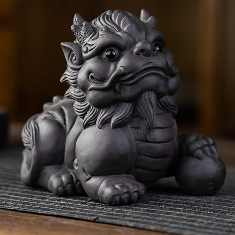 Figurine de richesse en céramique et argile violette Pixiu Lingot Ball 11,5 cm