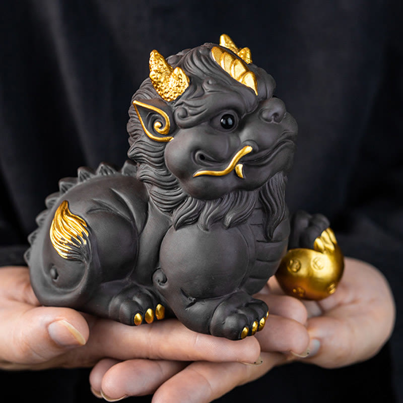 Figurine de richesse en céramique et argile violette Pixiu Lingot Ball 11,5 cm