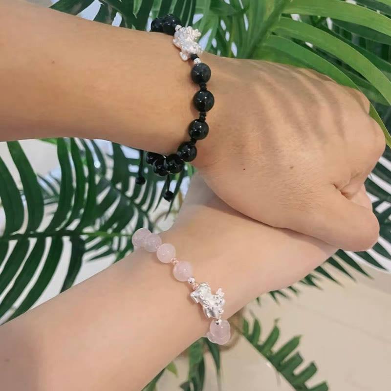 Bracelet de force en cristal rose œil de chat en obsidienne PiXiu