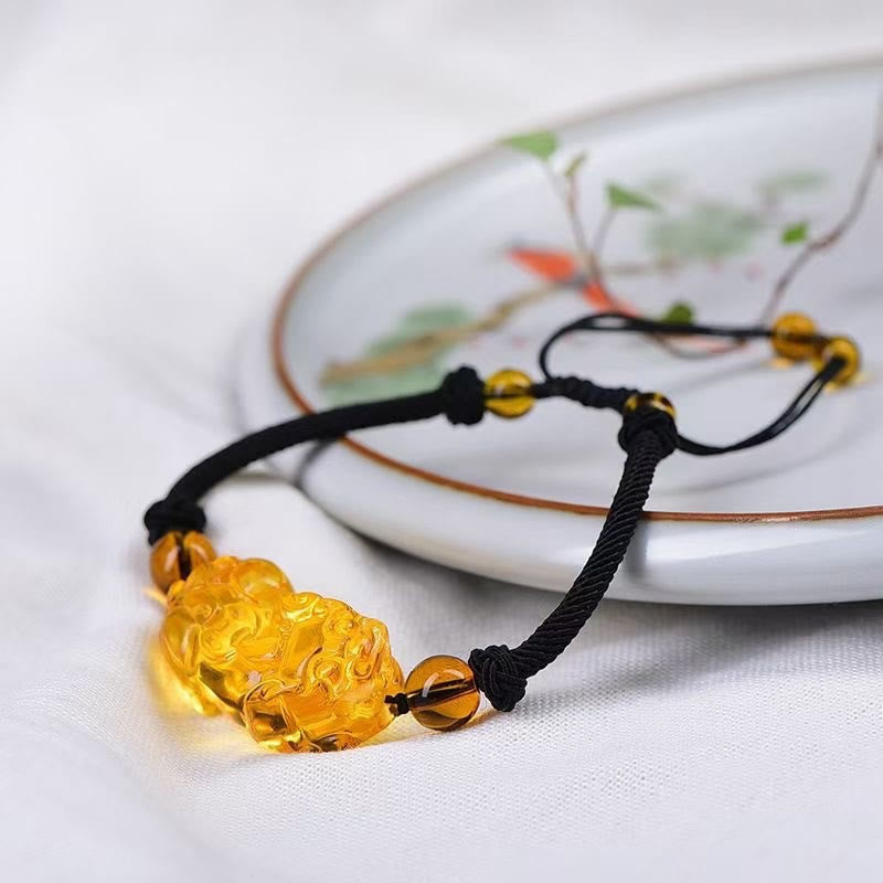 Bracelet de protection Pixiu avec pierres d'obsidienne, d'améthyste et de citrine
