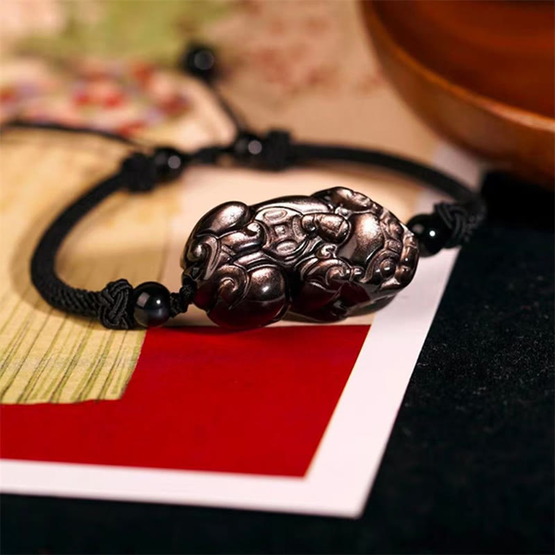 Bracelet de protection Pixiu avec pierres d'obsidienne, d'améthyste et de citrine