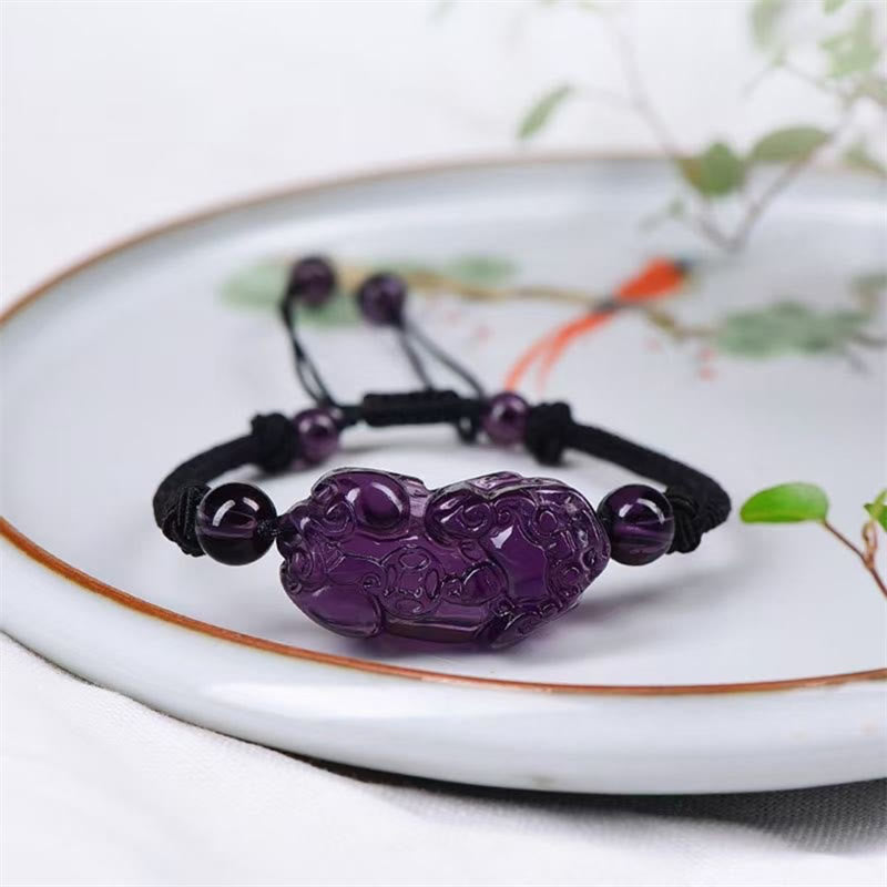 Bracelet de protection Pixiu avec pierres d'obsidienne, d'améthyste et de citrine
