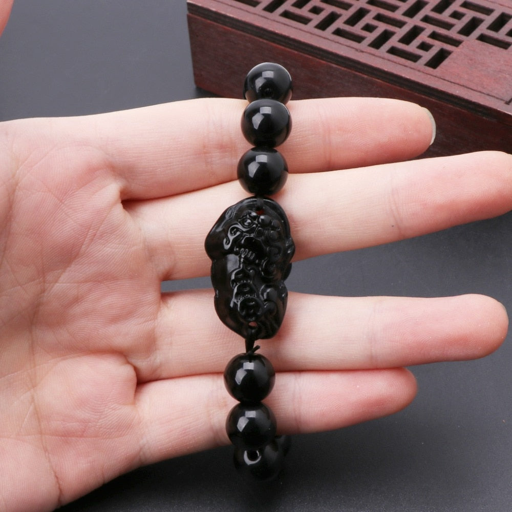 Bracelet en obsidienne avec breloque de richesse Pixiu