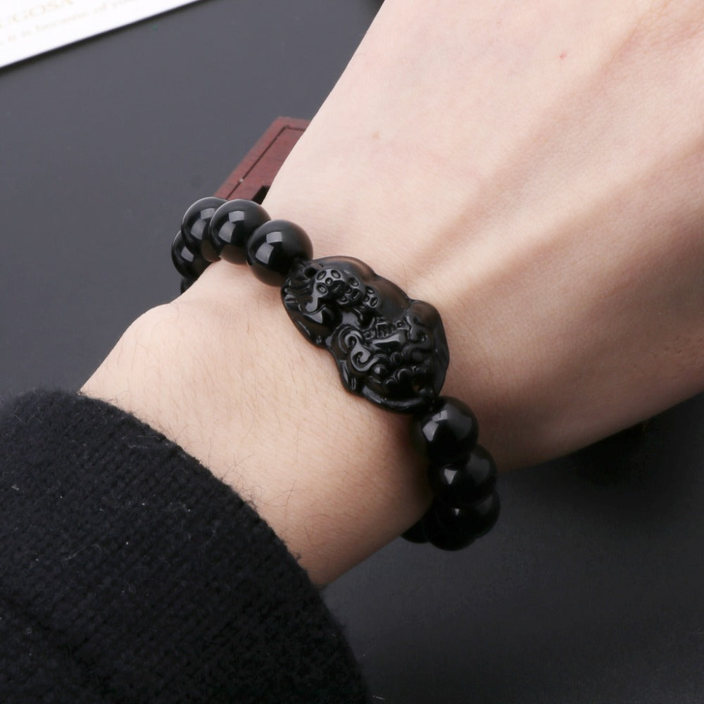 Bracelet en obsidienne avec breloque de richesse Pixiu