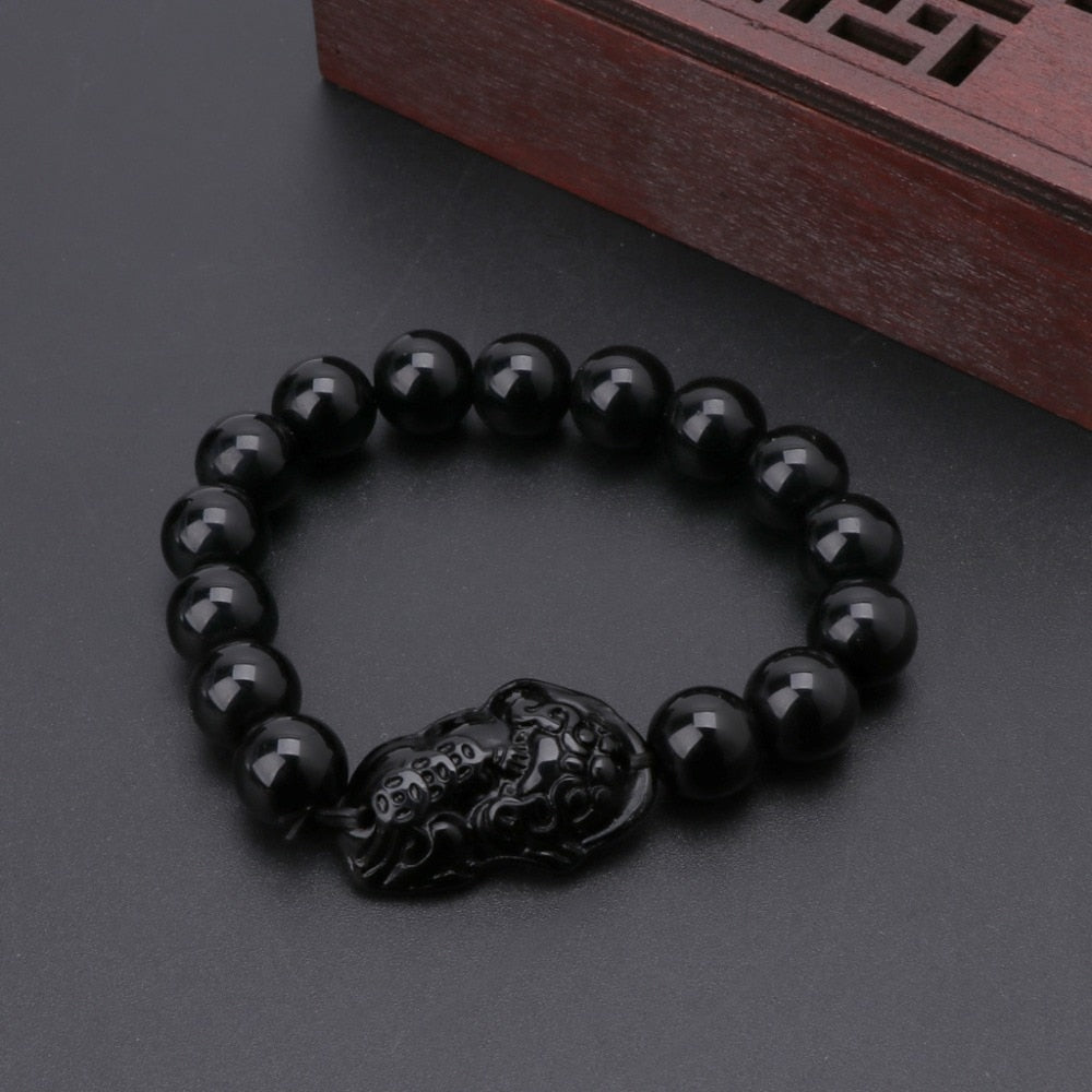 Bracelet en obsidienne avec breloque de richesse Pixiu