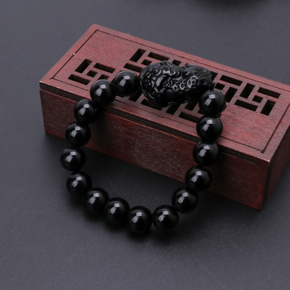 Bracelet en obsidienne avec breloque de richesse Pixiu