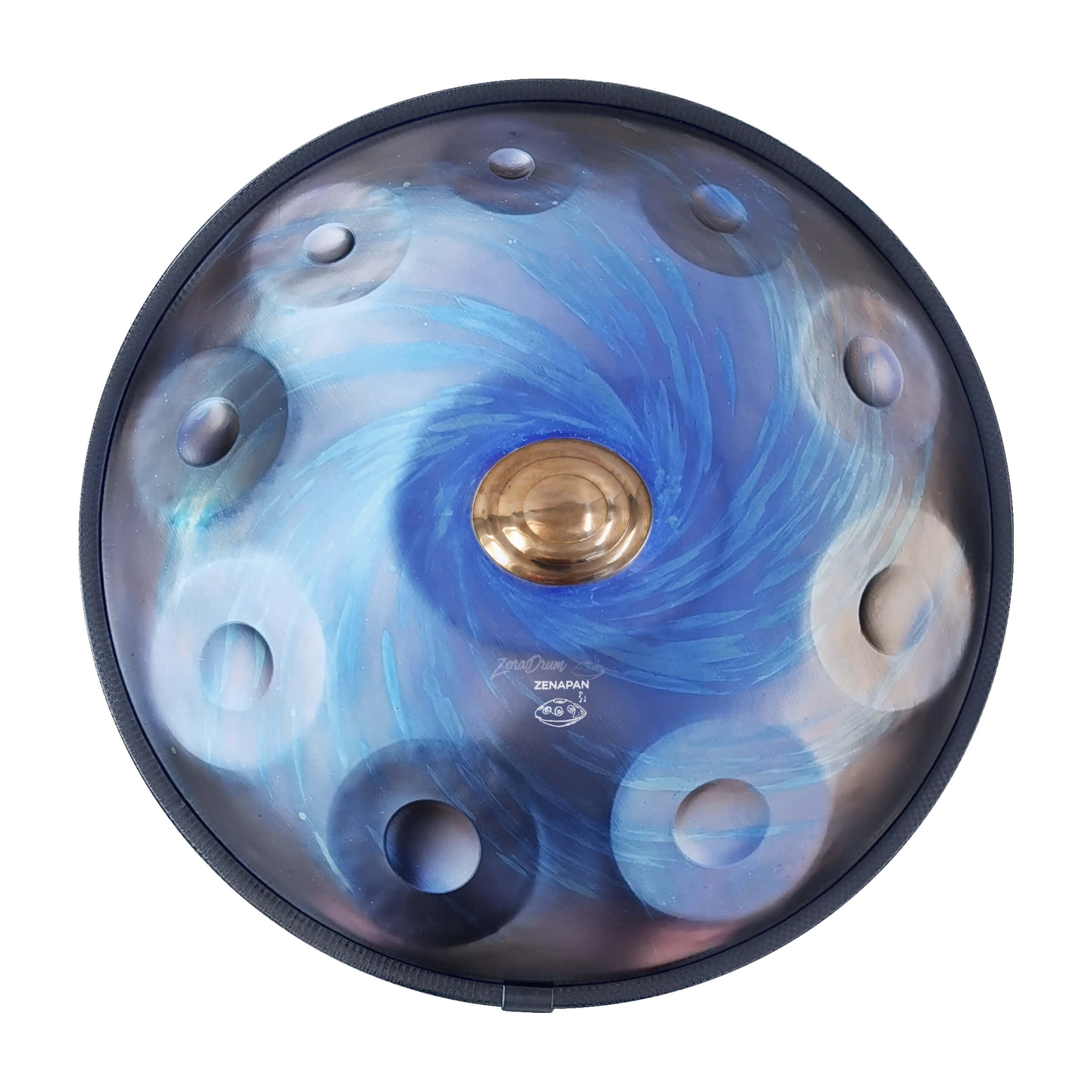 Planet Blue D Minor Handpan Drum with blue swirling pattern and tone fields