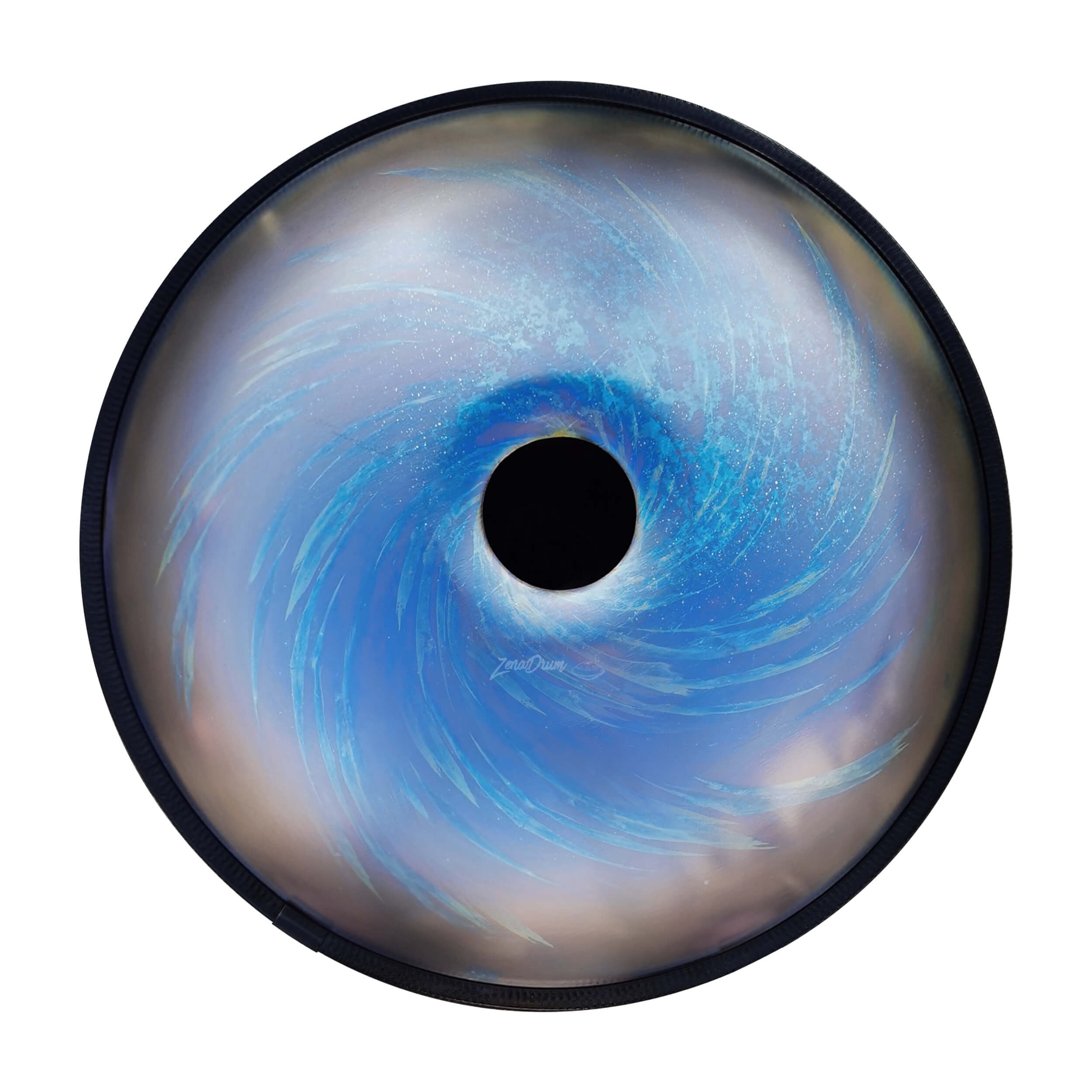 Circular blue and white swirling pattern with black center on Planet Blue D Minor Handpan Drum