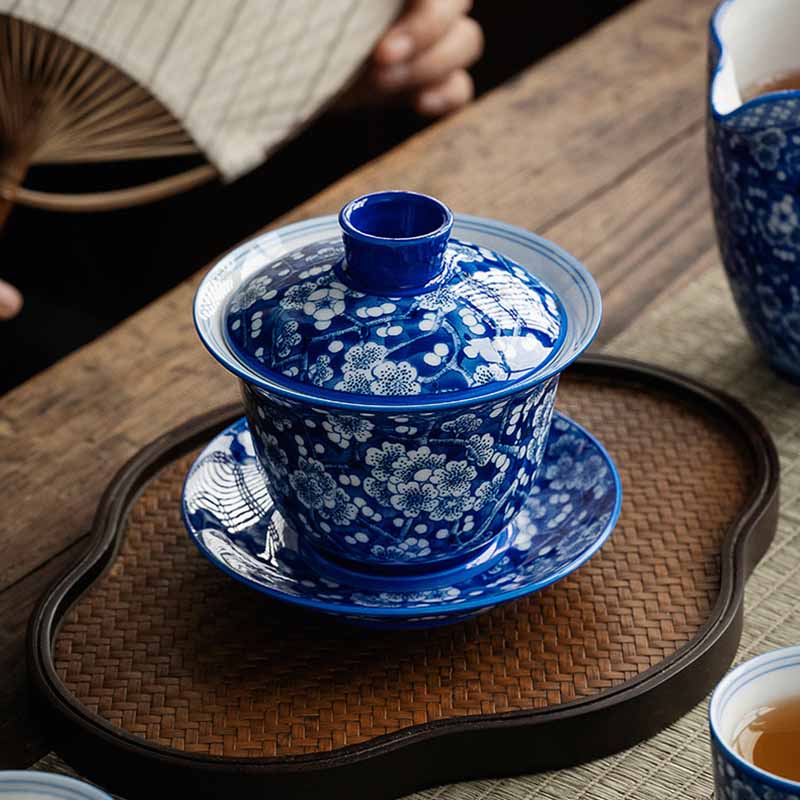 Tasse à thé Gaiwan en porcelaine bleue et blanche à motif de fleurs de prunier, 185 ml