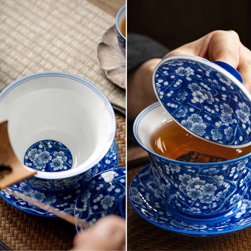 Tasse à thé Gaiwan en porcelaine bleue et blanche à motif de fleurs de prunier, 185 ml