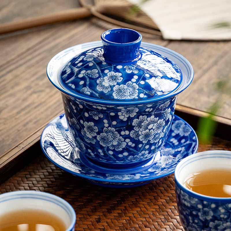 Tasse à thé Gaiwan en porcelaine bleue et blanche à motif de fleurs de prunier, 185 ml