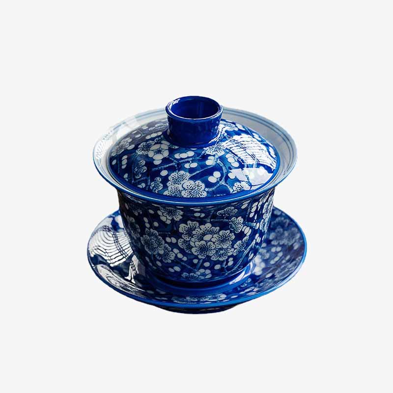 Tasse à thé Gaiwan en porcelaine bleue et blanche à motif de fleurs de prunier, 185 ml