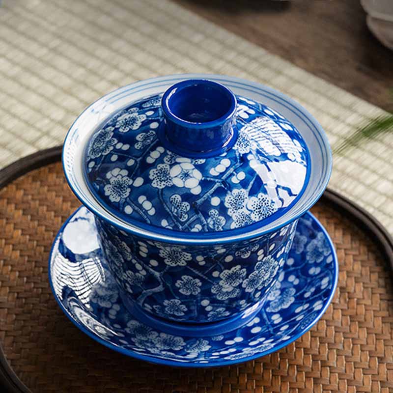 Tasse à thé Gaiwan en porcelaine bleue et blanche à motif de fleurs de prunier, 185 ml