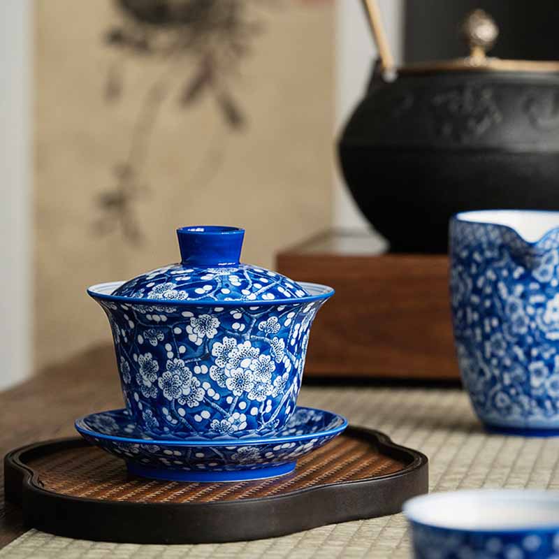 Tasse à thé Gaiwan en porcelaine bleue et blanche à motif de fleurs de prunier, 185 ml