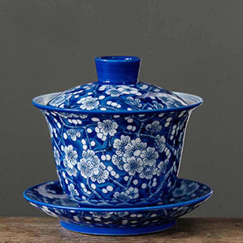 Tasse à thé Gaiwan en porcelaine bleue et blanche à motif de fleurs de prunier, 185 ml