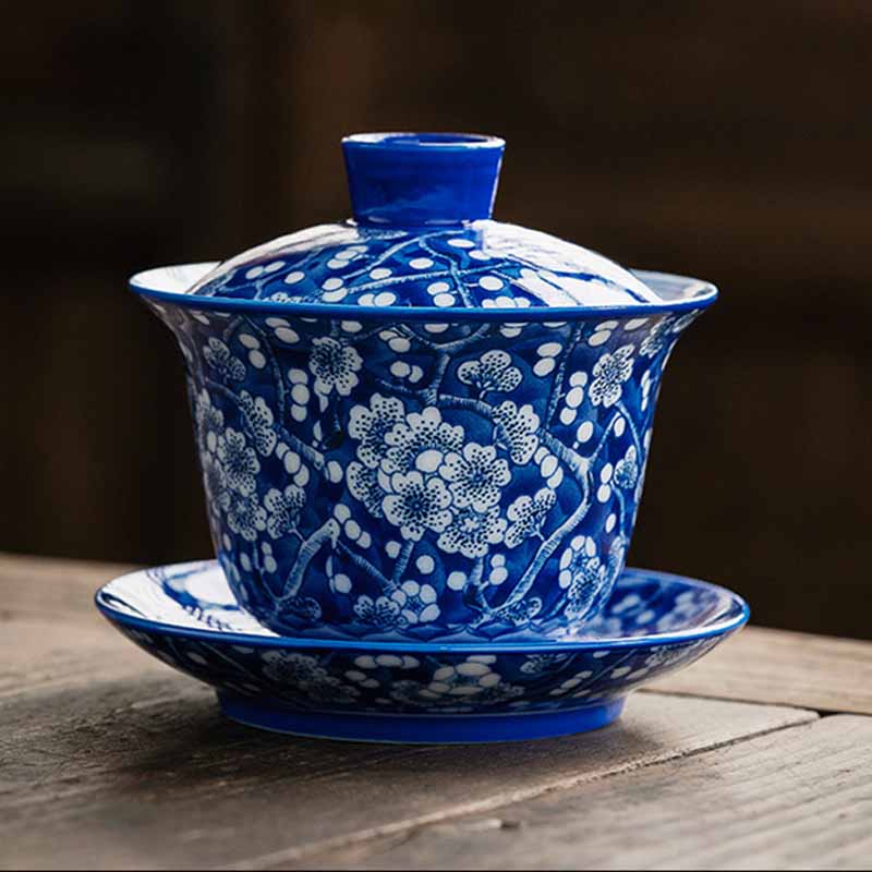 Tasse à thé Gaiwan en porcelaine bleue et blanche à motif de fleurs de prunier, 185 ml