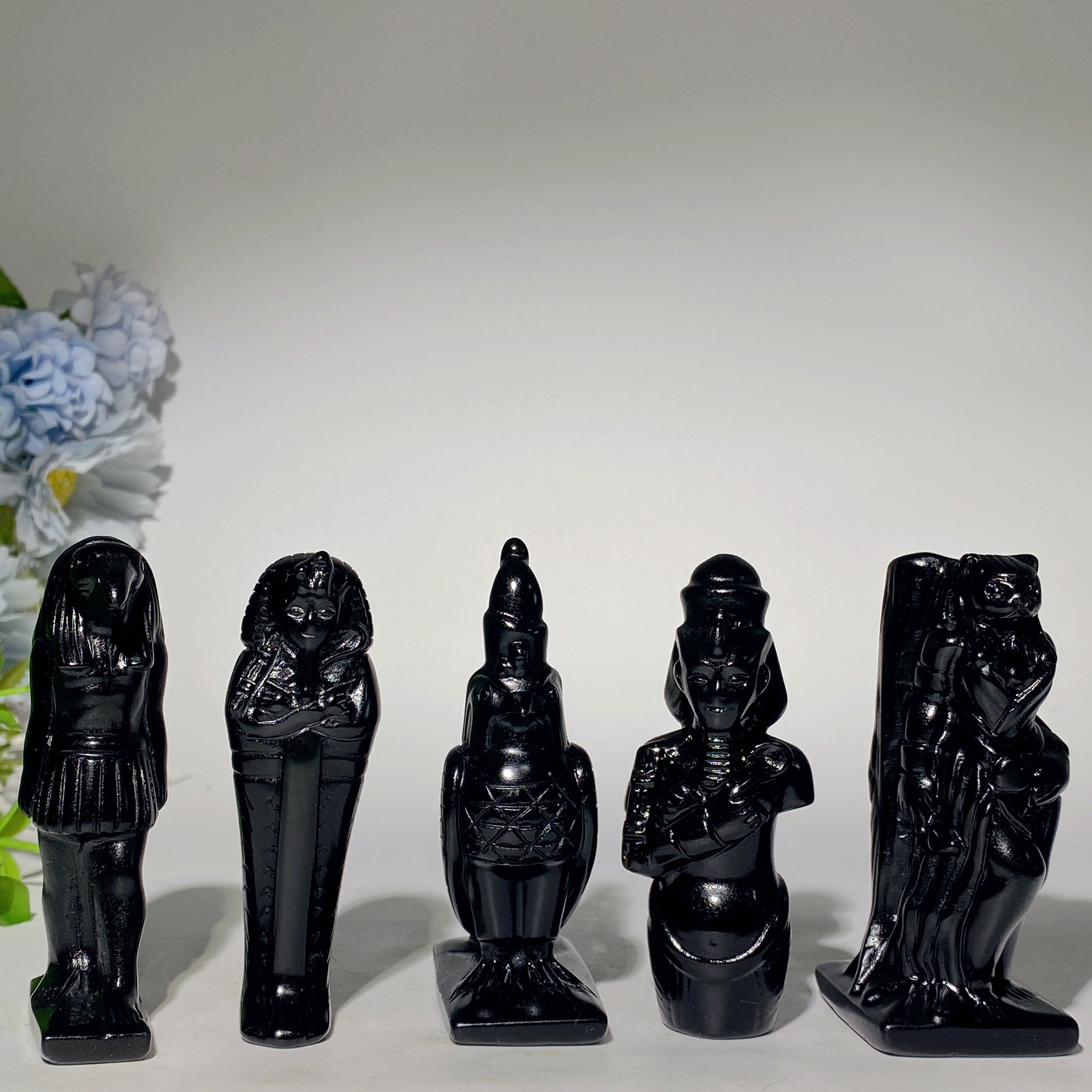 Polished Black Obsidian Egyptian Carvings Figurines 3-4.7 inch