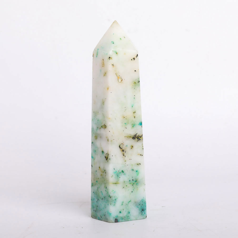 Polished Green White Crystal Tower 16cm Healing Obelisk