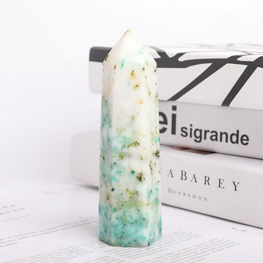 Polished Green White Crystal Tower 16cm Healing Obelisk