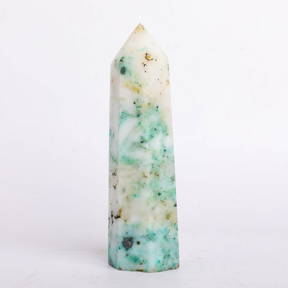 Polished Green White Crystal Tower 16cm Healing Obelisk