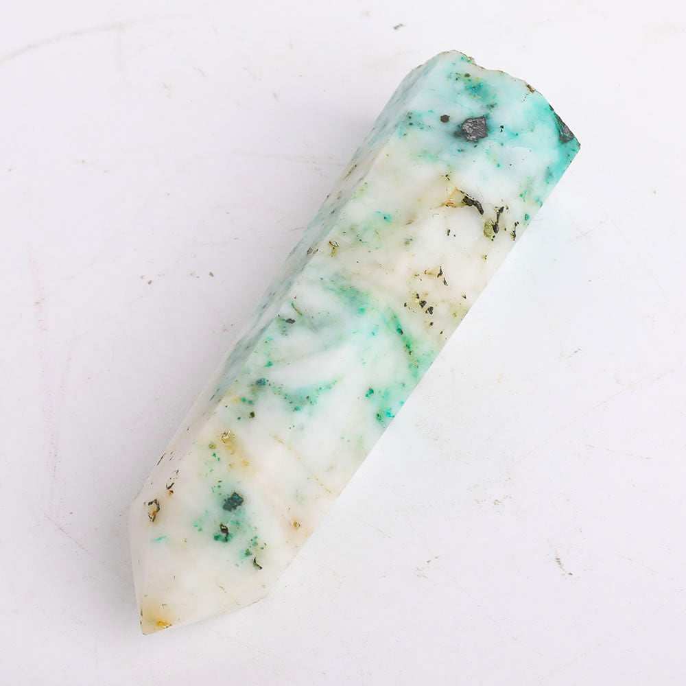 Polished Green White Crystal Tower 16cm Healing Obelisk