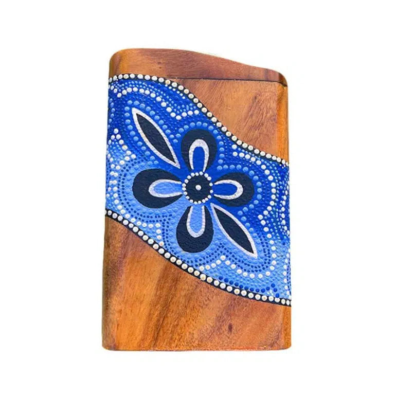 Wooden box with blue flower design and white dots for Portable Australian Didgeridoo