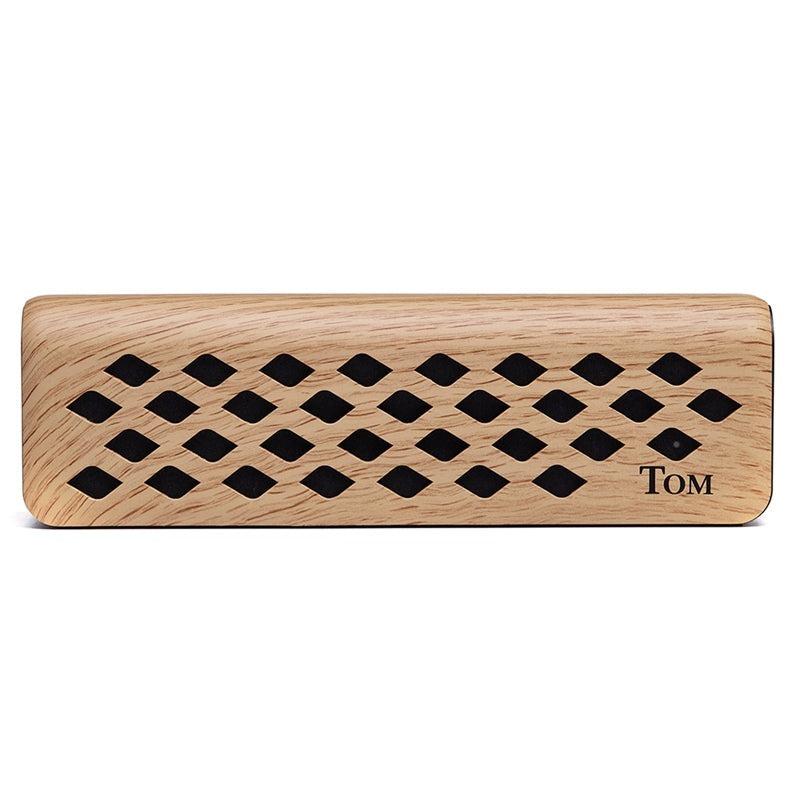 Wooden portable speaker amplifier with diamond cutout and Tom engraving for musical instruments