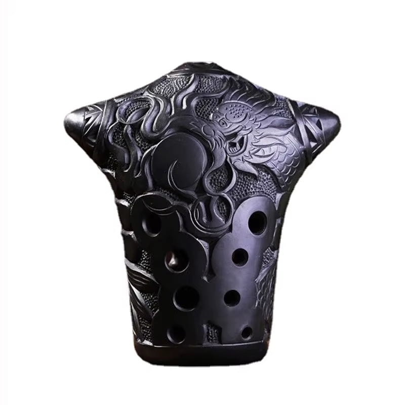 Black ceramic ocarina with floral patterns in a Professional 10-Hole Xun Flute