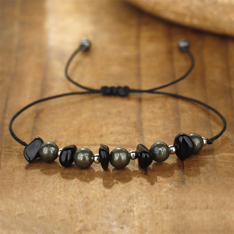 Bracelet de protection en pyrite de fer et obsidienne noire I Am Protected