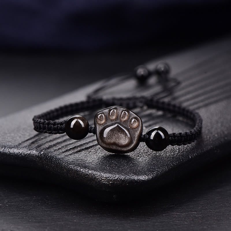 Bracelet en obsidienne protectrice | Corde patte de chat argentée et dorée