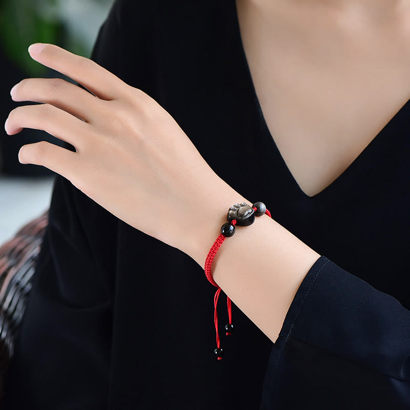 Bracelet en obsidienne protectrice | Corde patte de chat argentée et dorée