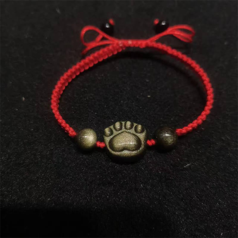 Bracelet en obsidienne protectrice | Corde patte de chat argentée et dorée