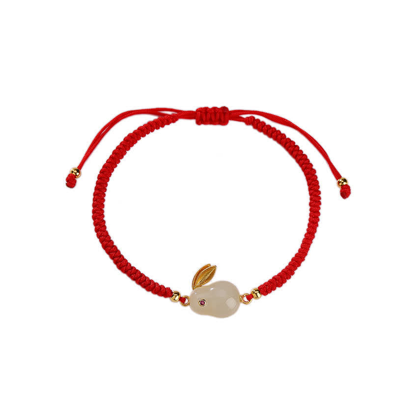 Bracelet de protection en jade blanc avec cordon rouge et breloque lapin