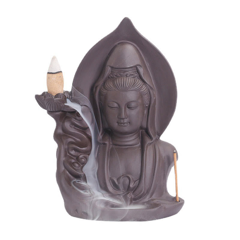 Brûleur d'encens à reflux Bouddha en argile violette, motif lotus