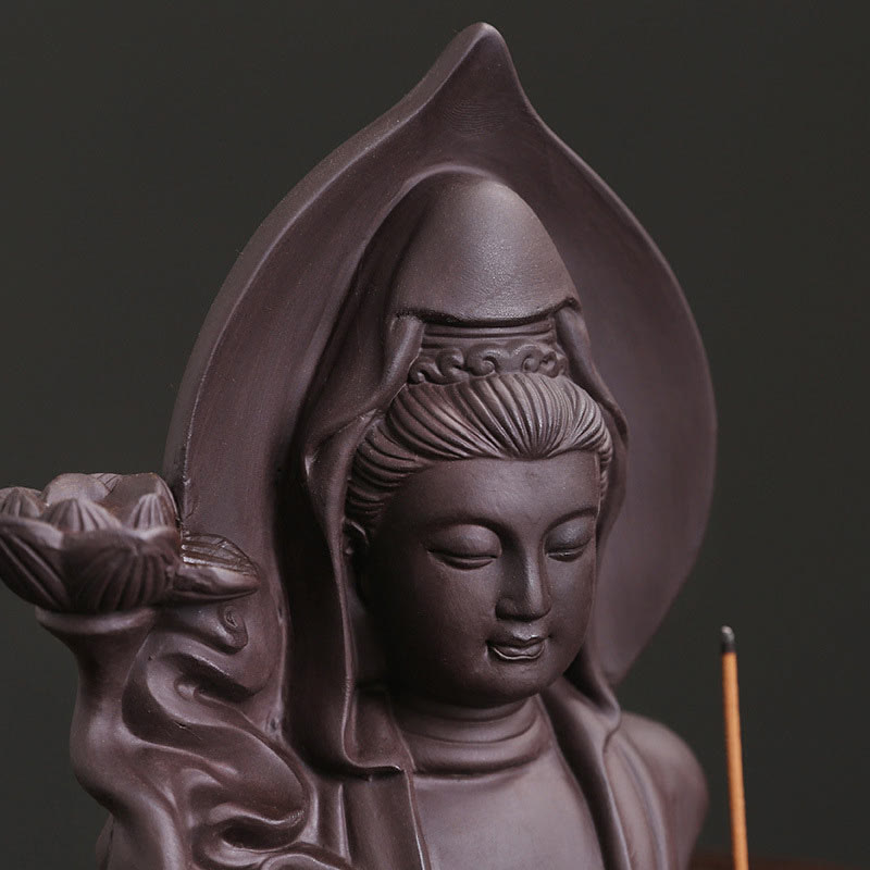 Brûleur d'encens à reflux Bouddha en argile violette, motif lotus