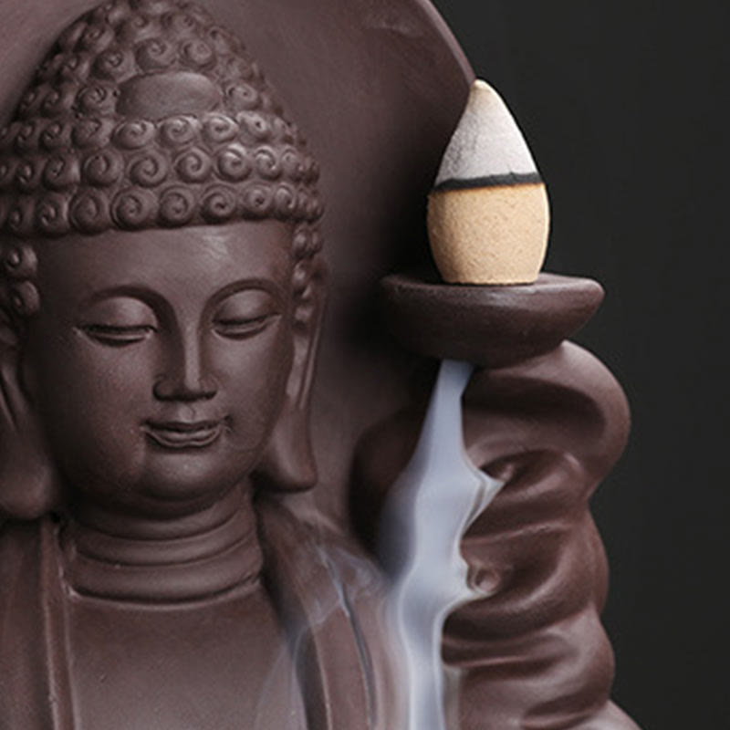 Brûleur d'encens à reflux Bouddha en argile violette, motif lotus