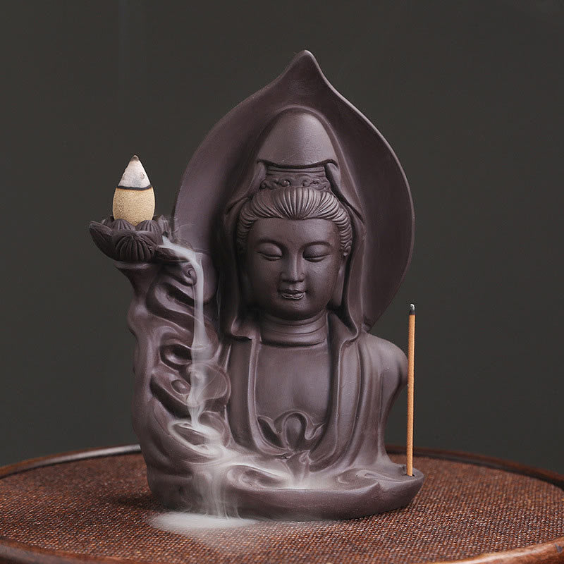 Brûleur d'encens à reflux Bouddha en argile violette, motif lotus