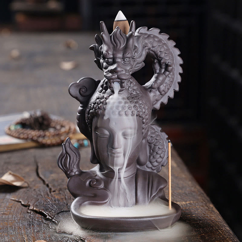 Brûle-encens Bouddha Dragon en argile violette 10,5 cm Méditation