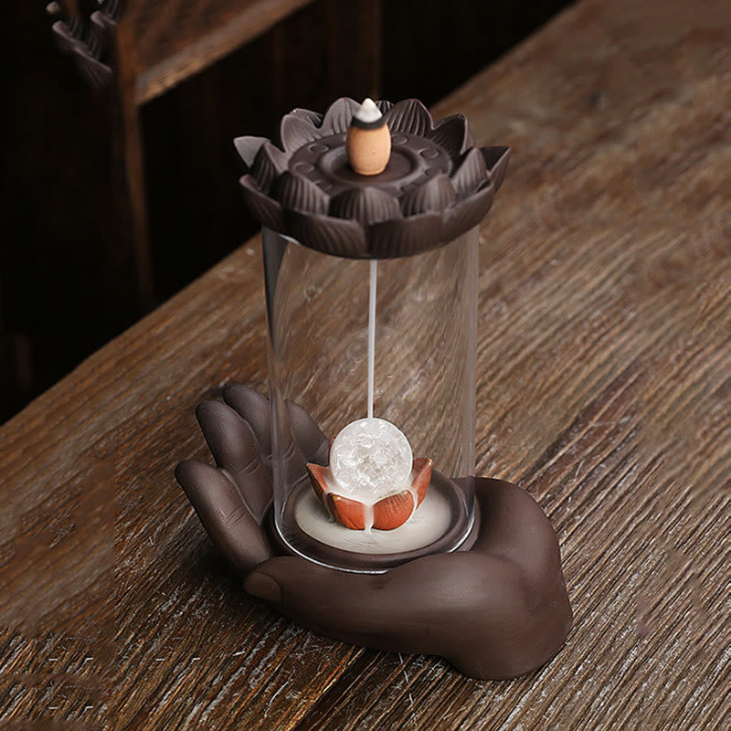 Brûleur d'encens à LED en argile violette, main de Bouddha, lotus, illumination