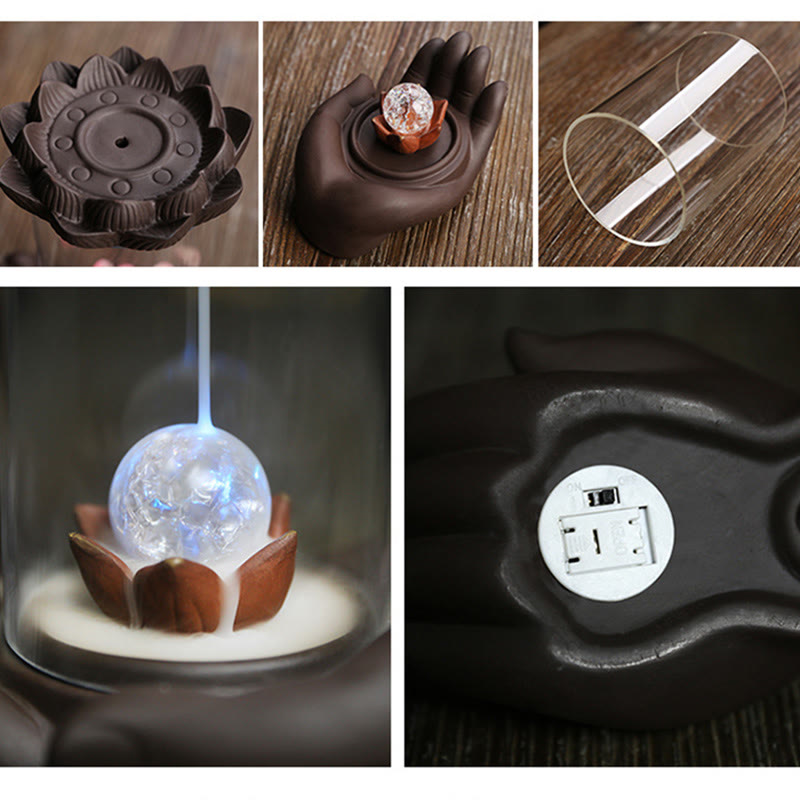 Brûleur d'encens à LED en argile violette, main de Bouddha, lotus, illumination