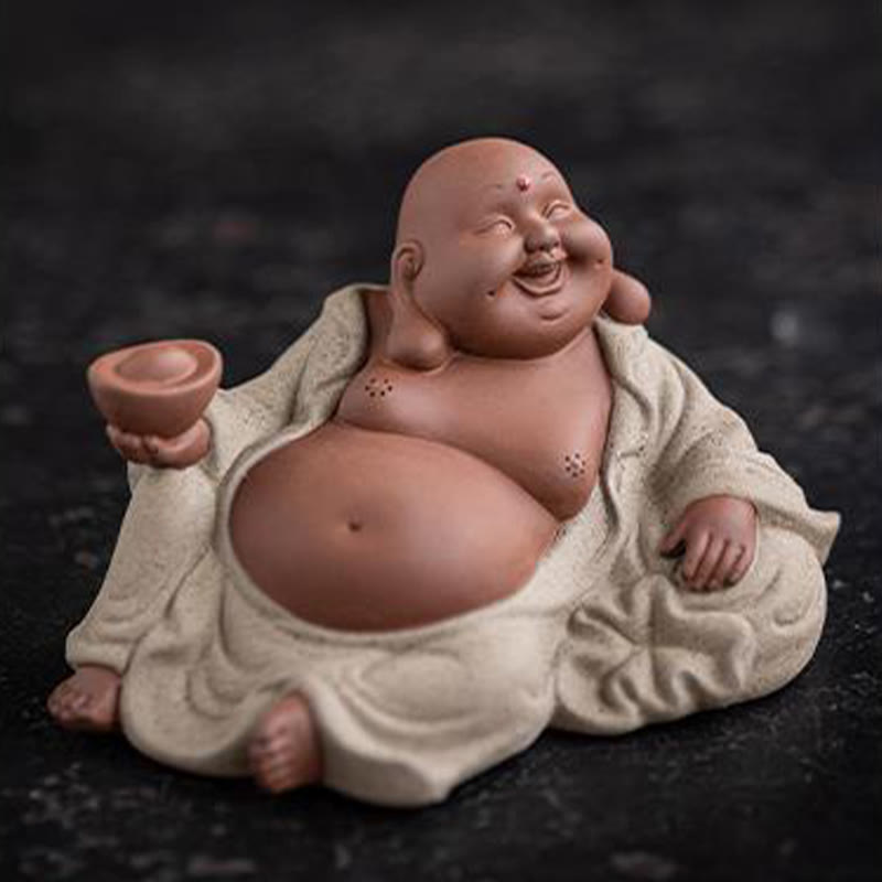Statue de Bouddha rieur en argile violette 13,5 cm pour la richesse et la joie