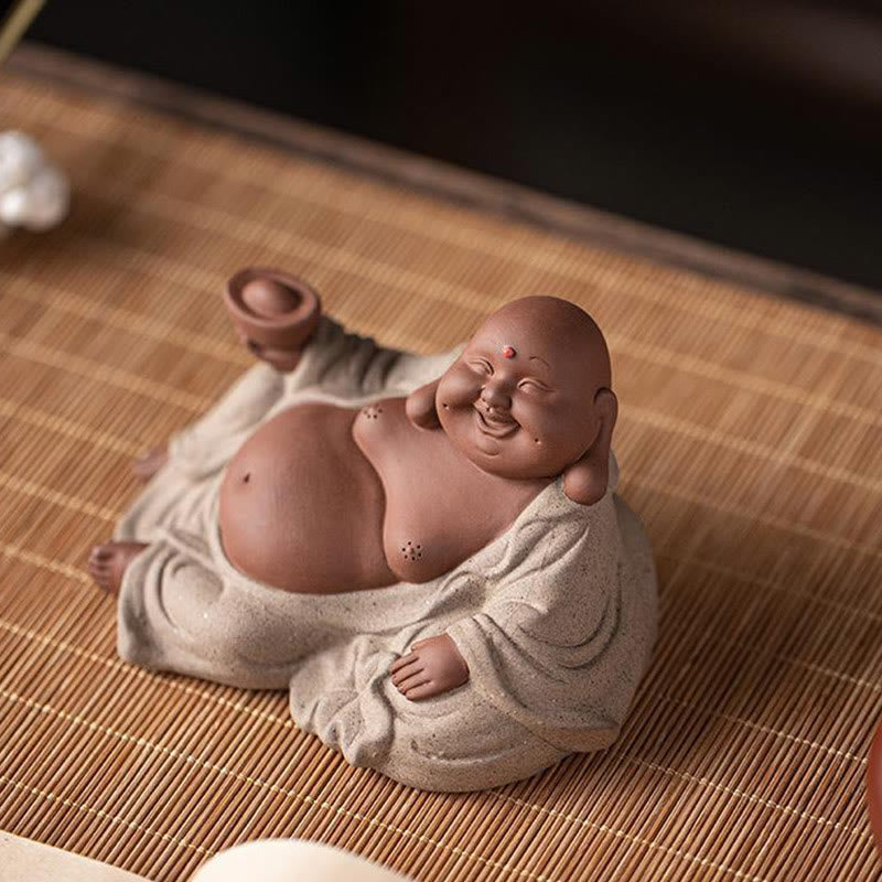 Statue de Bouddha rieur en argile violette 13,5 cm pour la richesse et la joie