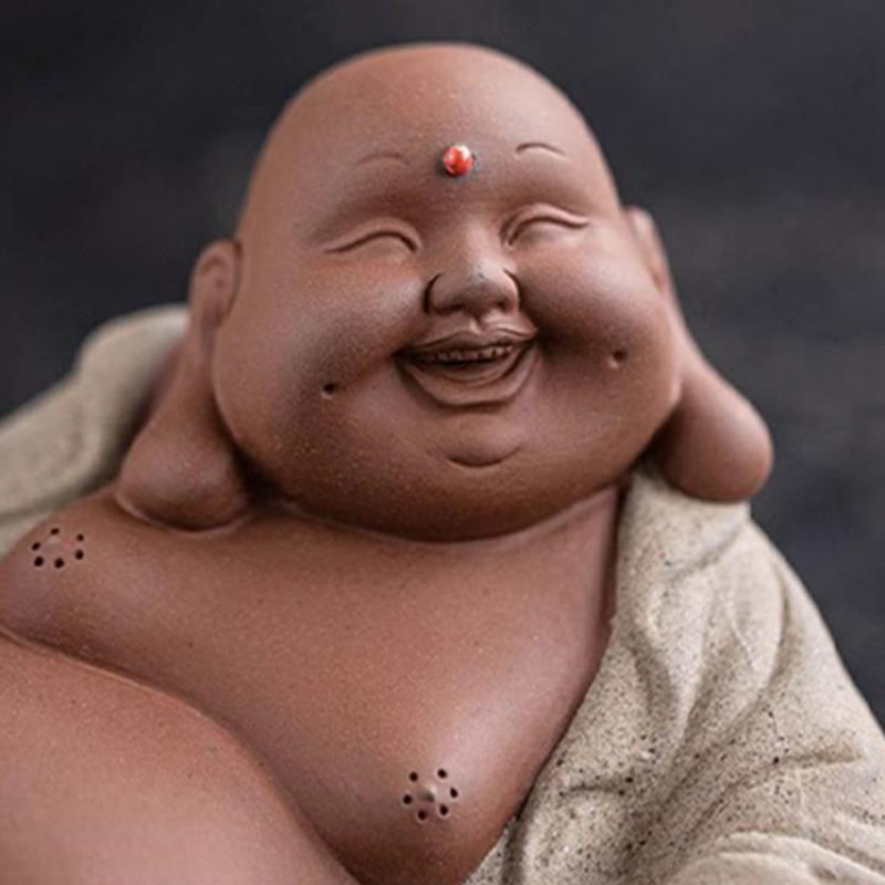 Statue de Bouddha rieur en argile violette 13,5 cm pour la richesse et la joie
