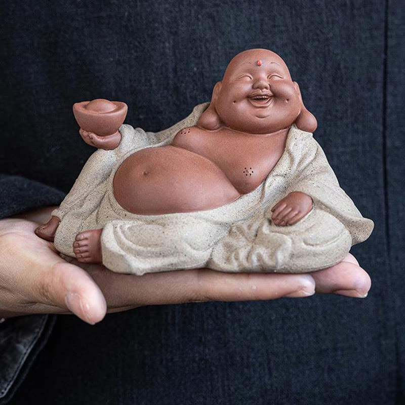 Statue de Bouddha rieur en argile violette 13,5 cm pour la richesse et la joie
