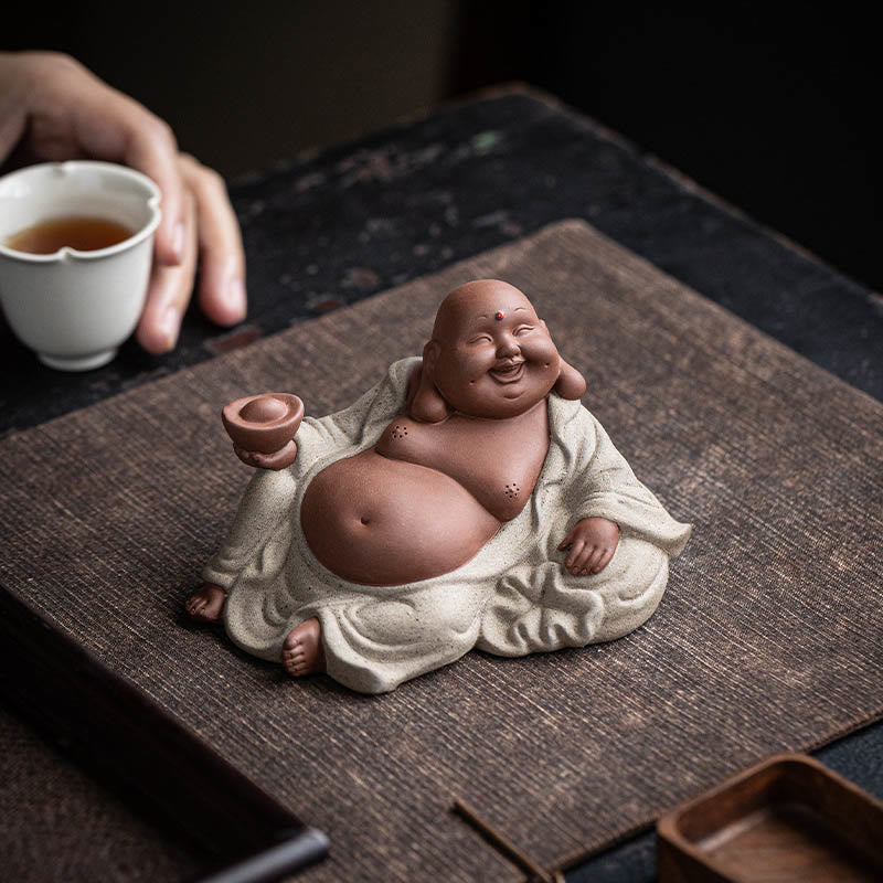 Statue de Bouddha rieur en argile violette 13,5 cm pour la richesse et la joie