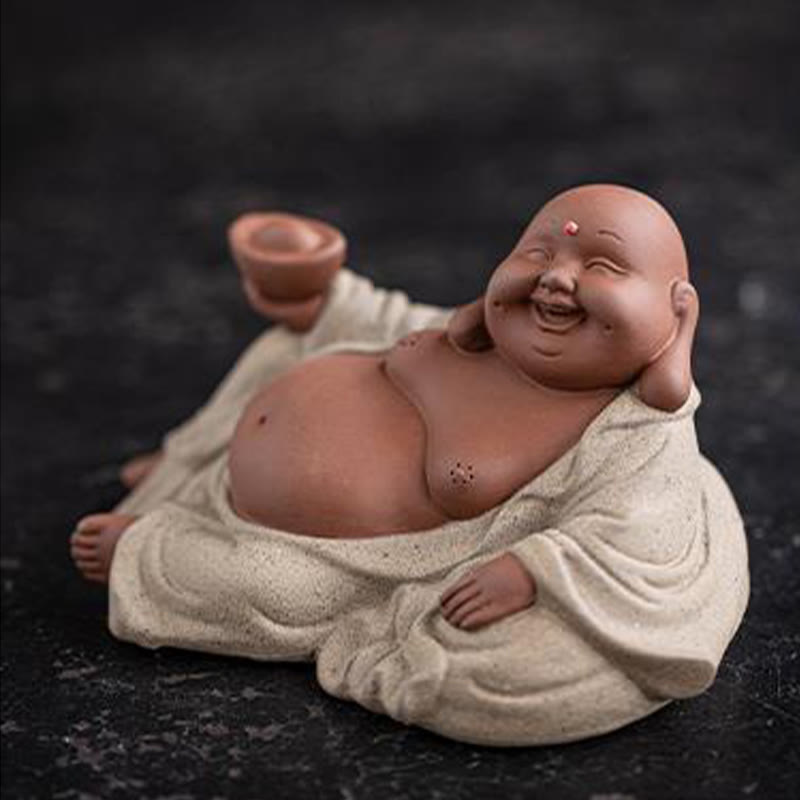 Statue de Bouddha rieur en argile violette 13,5 cm pour la richesse et la joie